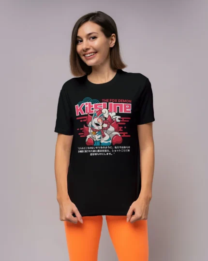 Kitsune Spirit Anime Black T-shirt